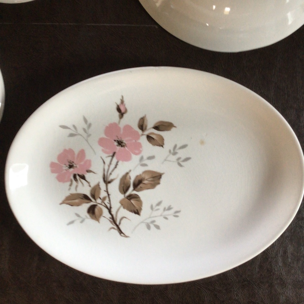 Vintage Mid-century Modern Oval Serving Platter, pink and brown floral design
